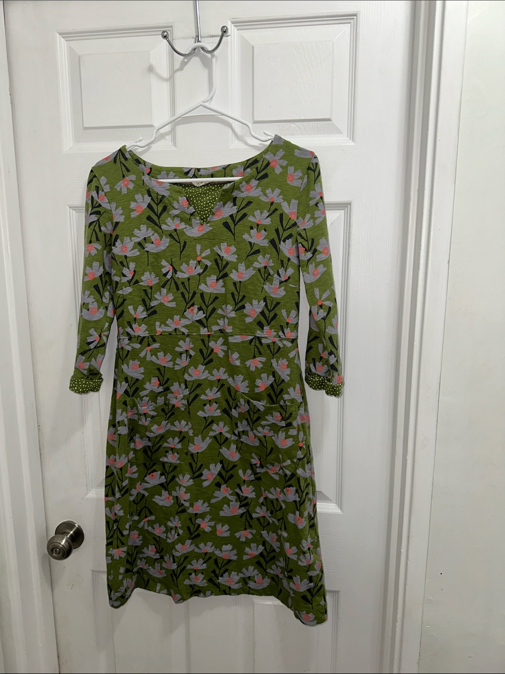 White Stuff 100% Cotton Green Floral 3/4 Sleeves Women's Dress